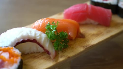 Delicious Sushi Selection on Wooden Platter