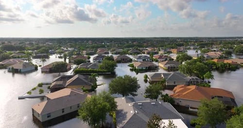 Flooded Residential Area with Underwater Houses From Hurricane Rainfall Water in Florida Suburban