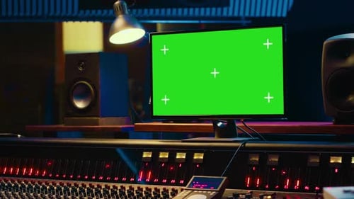 Leerer Regieraum für professionelle Aufnahmestudios mit Greenscreen auf dem Display