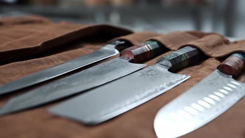 Set of sharp steel high quality kitchen knives in a brown leather roll.