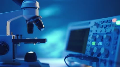 Close Up of a Optical Scientific Microscope in Laboratory Science Research Technology and