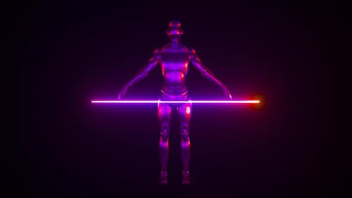 Futuristic robot animation with neon glowing details on dark backdrop