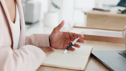 Notebook planning, idea anxiety and woman thinking of creative writing strategy