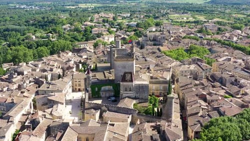 View of beautiful town of Uzes, Gard department, France. Aerial view of the historic town of Uzes, F