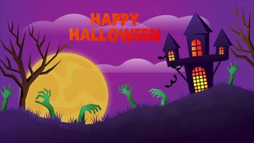 Happy Halloween Animation with Haunted House and Zombie Hands