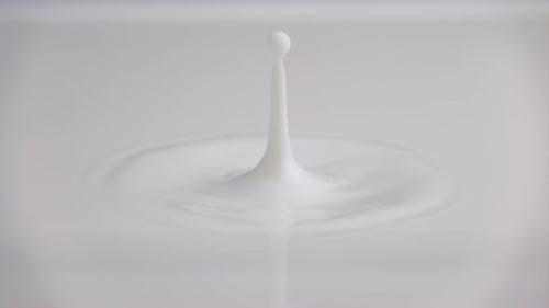 Goutte de lait frais tombant et éclaboussant dans une piscine laiteuse, prise de vue macro au ralenti