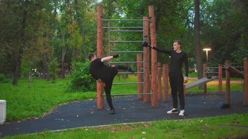 Men Practicing Martial Arts Kicks Outdoors in the Park