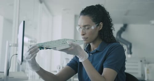 Technikerin analysiert Leiterplatte