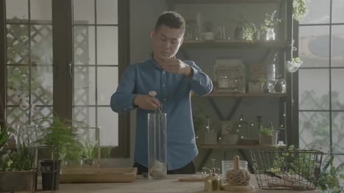 Un hombre en un acogedor jardín interior crea cuidadosamente un terrario con plantas, arena y vidrio, su