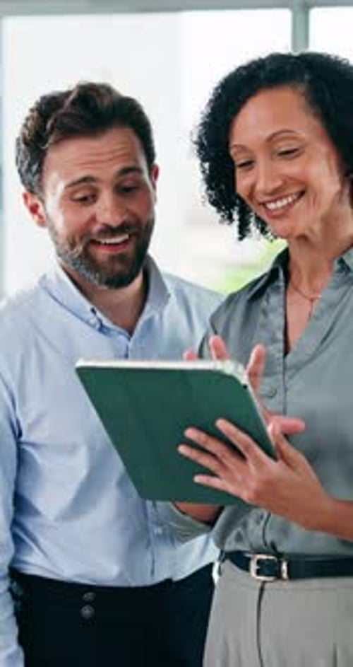 Business people, tablet and team in office for feedback, planning project or financial budget