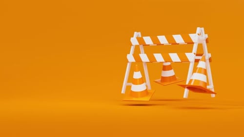 Conos de tráfico y barrera flotantes de color naranja sobre fondo naranja, advertencia de seguridad o en construcción
