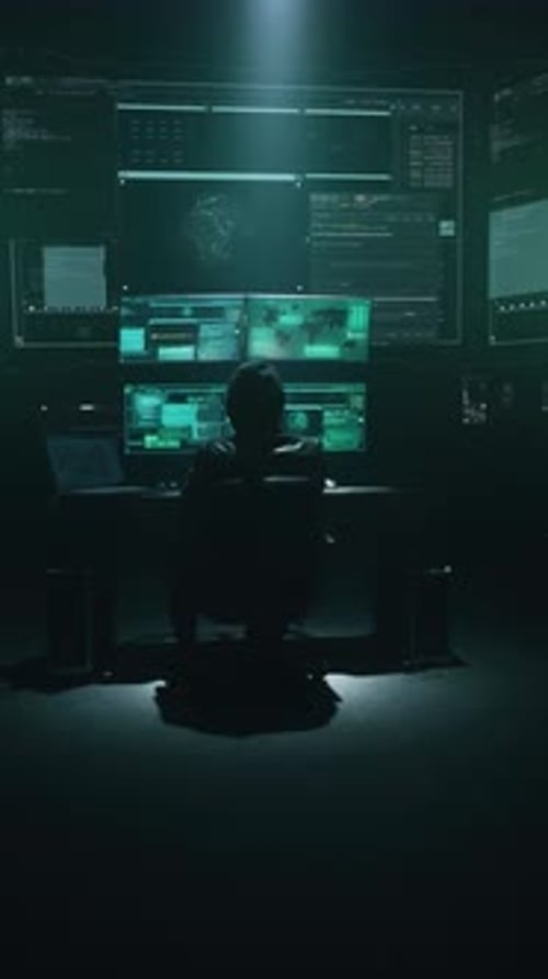 Person in Hoodie Working at Computer Stations at Night
