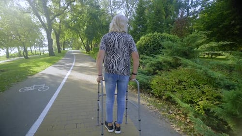 Rear View of Senior Woman with Agerelated Disability Walks Using Walker in Park