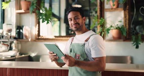Face, business owner and man with tablet, cafe and stock order on website, laughing and menu update