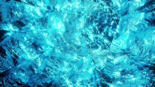 Journey through an ice crack in a cave tunnel at the North Pole 3d render. Frozen planet concept