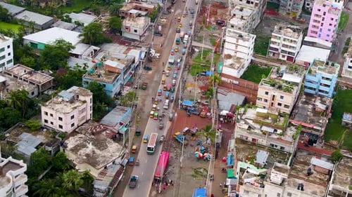 A Heavily Congested Highway in Barisal, Bangladesh - Aerial Drone Shot