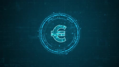 Blue digital money logo with rotation HUD UI circle technology interface and futuristic elements