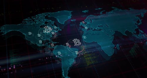 Símbolo de moeda criptográfica Bitcoin blockchain no mapa mundial