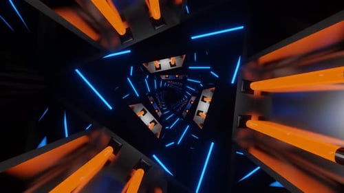 Blue And Orange Neon Glowing Mirrored Triangular Spiral Background Vj Loop In 4K