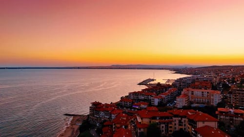 Footage over the red roofs of the hotels at the shore of the Black Sea.