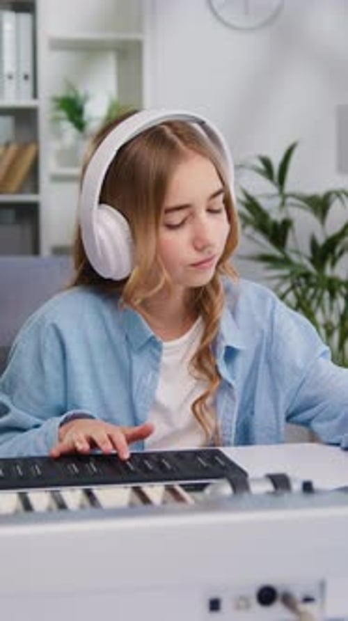 Girl plays keyboard at desk wearing headphones indoors