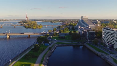 Aerial View of Riga Latvia Featuring Daugava River and TV Tower