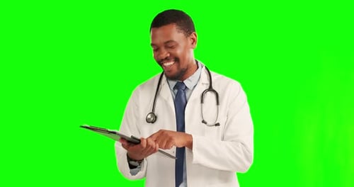 Ok sign, man doctor with perfect hand gesture on a green screen for healthcare success
