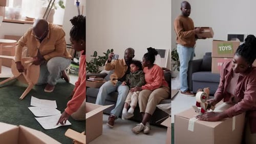 Family unpacking boxes and assembling furniture in new home