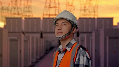 Close Up Side View Of Asian Male Engineer Looking Around with High Voltage Power