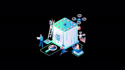 Diversas personas que trabajan en tecnología futurista con drones.
