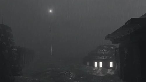 Heavy Rain Falls On The Mysterious Village In The Fog Zone At Night