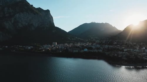 Aerial View of Lecco City in the Southeastern Shore of Lake Como in Northern Italy