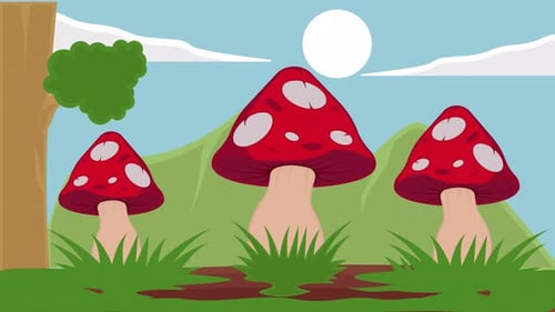 Animated Cartoon Mushrooms Wiggling in Nature Landscape