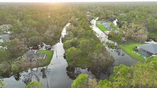 Surrounded By Hurricane Ian Rainfall Flood Waters Homes in Florida Residential Area