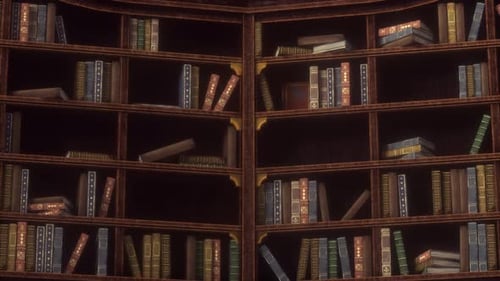 Old wooden library with books of various colors and sizes. Seamless looping animation
