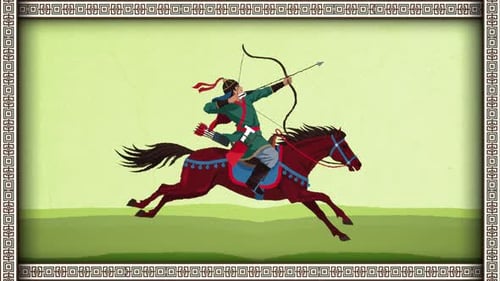 Un ancien archer à cheval mongol chevauchant la steppe