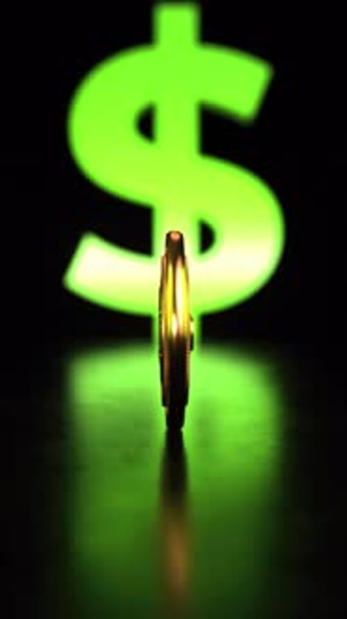 Looping video of CBDC Central Bank Digital Currency golden coin rotating in front of the dollar