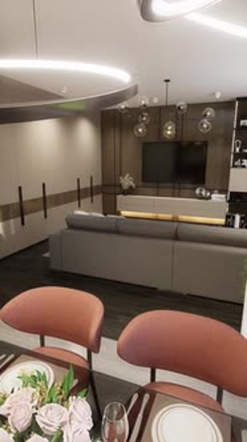 Renderización 3D. La cámara sobrevuela un estudio moderno. Formato vertical para un teléfono.