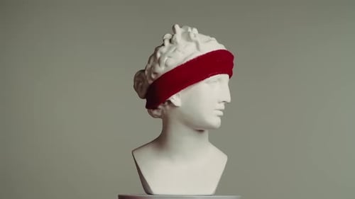 Closeup Shot Ancient Marble Bust Statue of Roman Era Woman in Sport Headband Spinning on a Platform