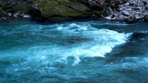A stormy mountain river flows along the mountain