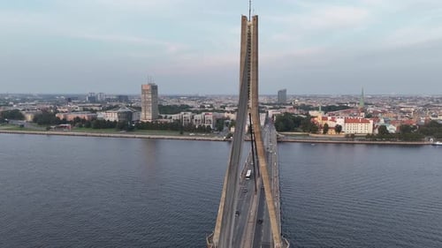 Aerial View of the Daugava River and Vansu Bridge in Riga Early in the Morning at Dawn on a Clear