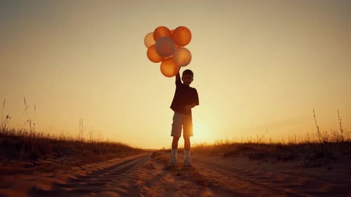 Lonely Little Boy Holding Balloons in Hand and Standing on Dirt Road in Field Cinematic Slow Motion