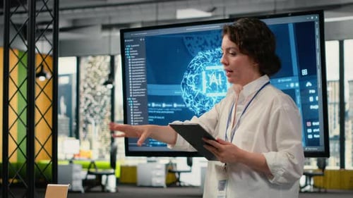 Tech Startup Office CTO Doing Presentation on Machine Learning to Investors