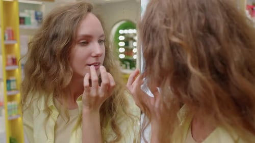 Young Woman Applies Lip Gloss in Mirror