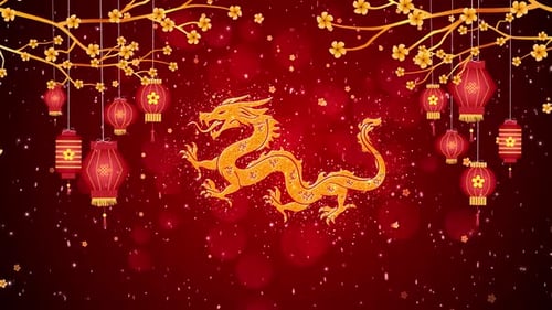 Animated Golden Dragon and Red Lanterns for Chinese New Year