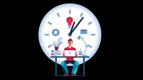 Animated Worker on Laptop with Rotating Clock and Icons
