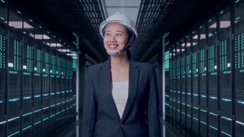 Asian Businesswoman Walking and Looking Around in Data Center