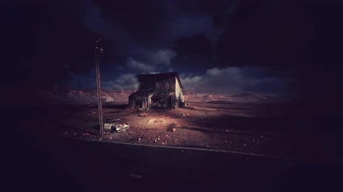 Abandoned Barn and Wrecked Car in a Desolate Grungy Landscape