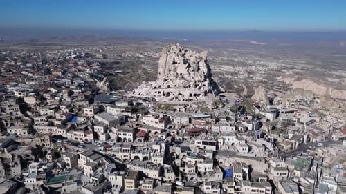 Aerial drone view of the Uchisar Castle in Cappadocia, Turkey