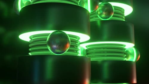 Estruturas de néon brilhantes com esferas reflexivas em um cenário de animação 3D sombrio e enigmático